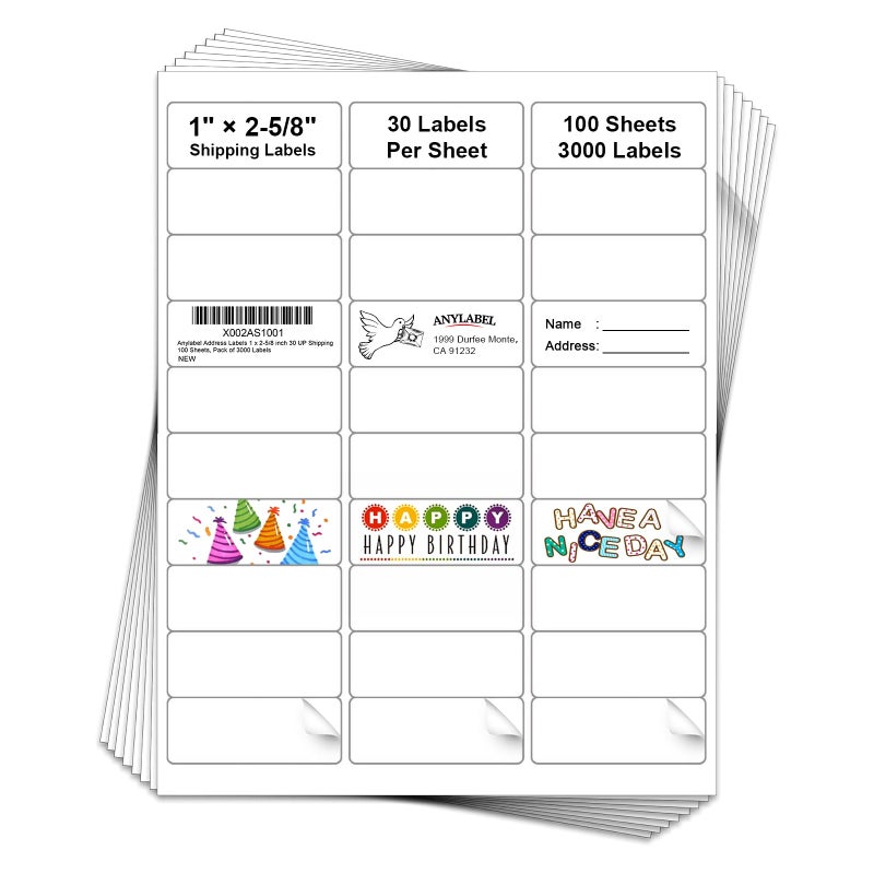 Anylabel 3000 Labels 100 Sheets 1" x 2-5/8" Address Label Sticker for Laser & Inkjet Printer - 30 Per Page Mailing Labels for Packages Adhesive, 30-up Return Address Labels - Image 1